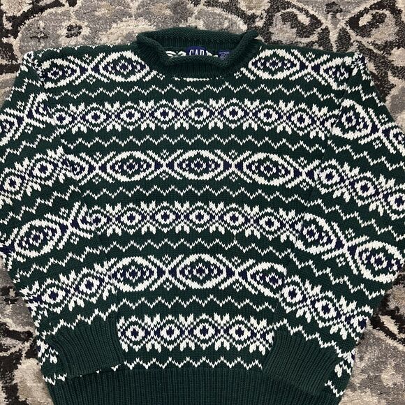 Vintage 90s Gap Knit pattern Crewneck Sweater Green White Size Large Mens - Picture 2 of 7